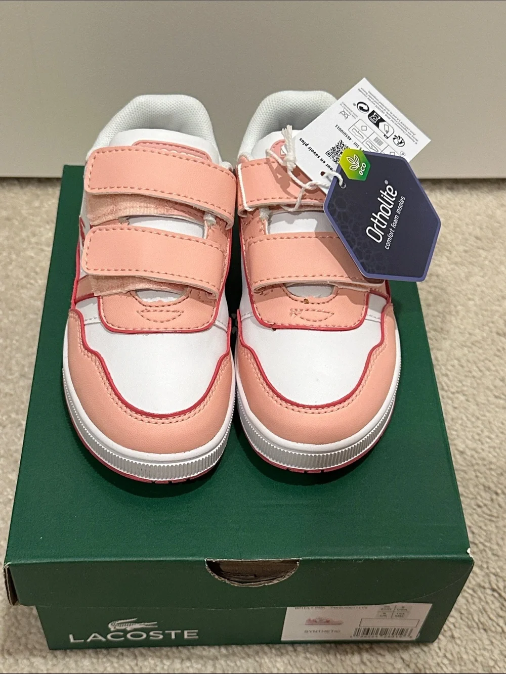 Lacoste Kids Peach and White Velcro Sneakers